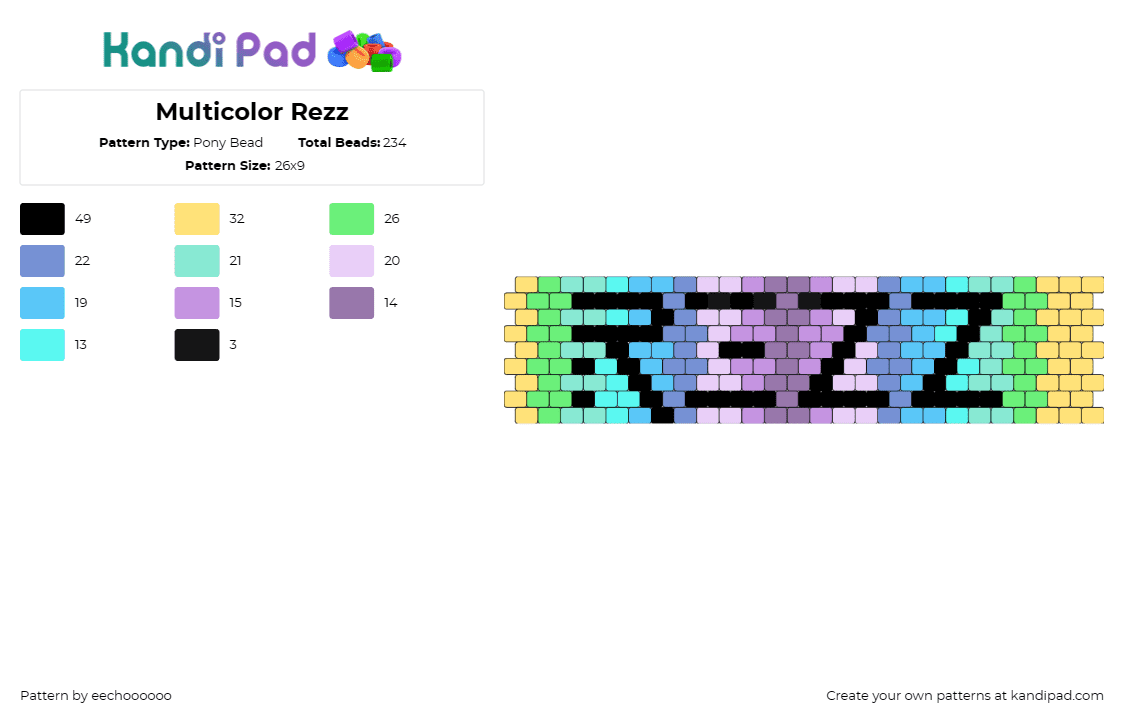 Multicolor Rezz - Pony Bead Pattern by eechoooooo on Kandi Pad - rezz,logo,pastel,colorful,edm,dj,music,cuff,purple,teal