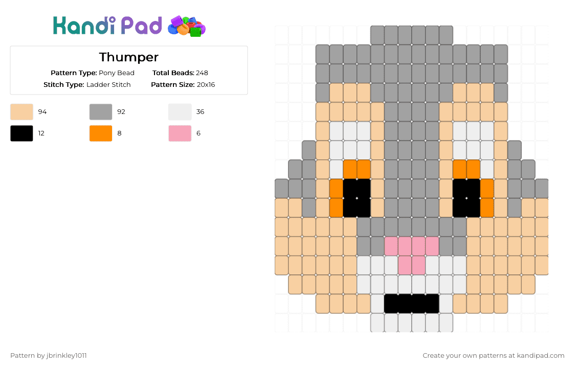 Thumper - Pony Bead Pattern by jbrinkley1011 on Kandi Pad - thumper,bambi,disney,character,bunny,cartoon,beige,gray