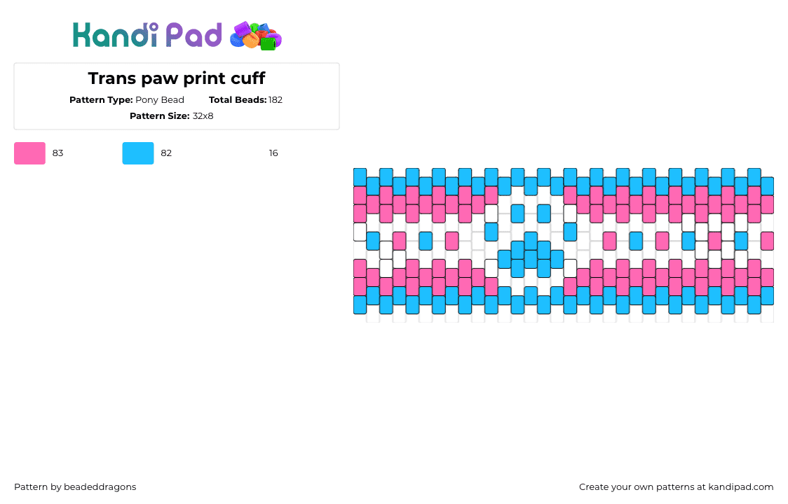 Trans paw print cuff - Pony Bead Pattern by beadeddragons on Kandi Pad - trans,paw print,cuff,pink,light blue