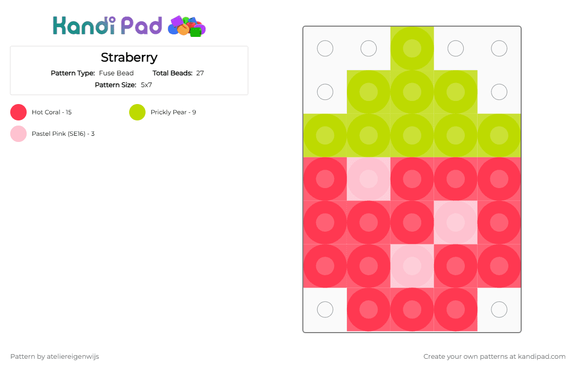 Straberry - Fuse Bead Pattern by ateliereigenwijs on Kandi Pad - red,green