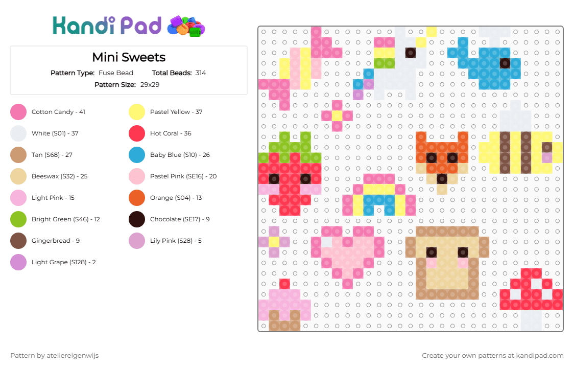 Mini Sweets - Fuse Bead Pattern by ateliereigenwijs on Kandi Pad - beige,pink,red,yellow