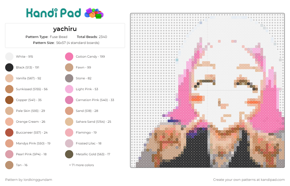 yachiru - Fuse Bead Pattern by lordkinggundam on Kandi Pad - yachiru kusajishi,bleach,character,anime,portrait,pink,white,tan