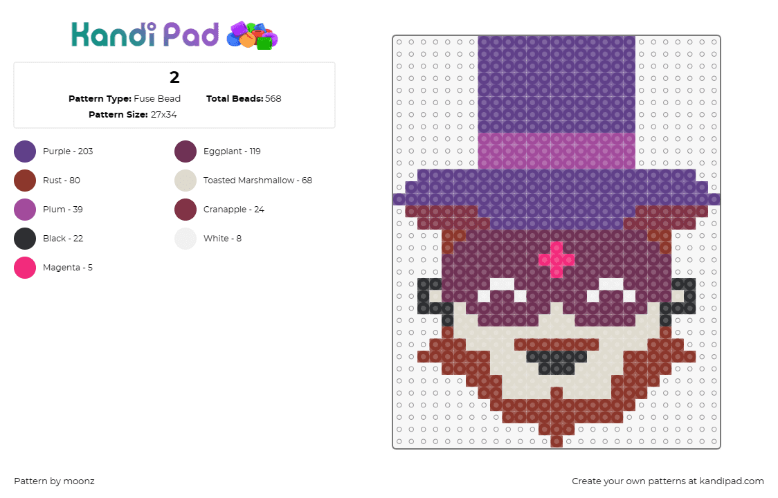 2 - Fuse Bead Pattern by moonz on Kandi Pad - leprechaun,brawl stars,character,top hat,mischievous,magical,purple