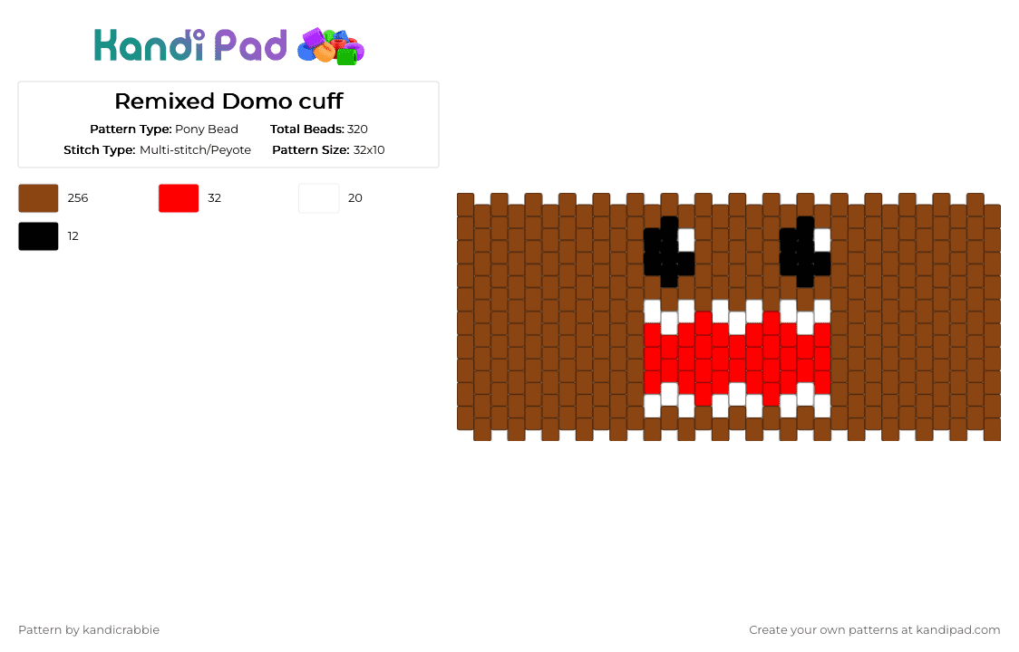 Remixed Domo cuff - Pony Bead Pattern by bubsurlocalkandicrabcom on Kandi Pad - red,domo,scene