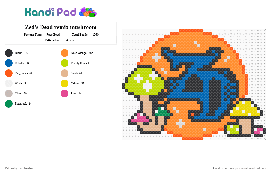 Zed\'s Dead remix mushroom - Fuse Bead Pattern by psychgirl47 on Kandi Pad - orange,blue
