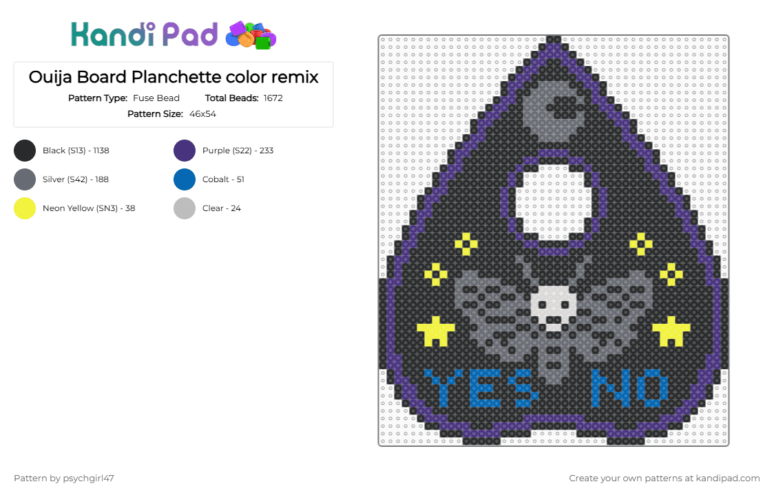 Ouija Board Planchette color remix - Fuse Bead Pattern by psychgirl47 on Kandi Pad - black,purple,gray