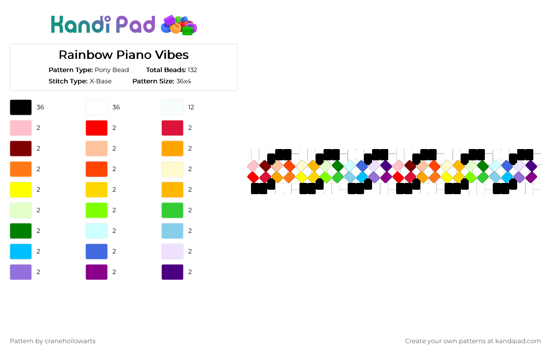 Rainbow Piano Vibes - Pony Bead Pattern by cranehollowarts on Kandi Pad - white,red,yellow,light blue,purple,colorful