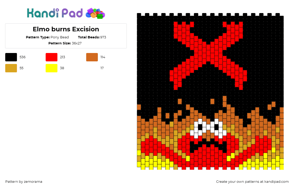 Elmo burns Excision - Pony Bead Pattern by zemorama on Kandi Pad - excision,elmo,fire,meme,panel,dj,edm,music,sesame street,humorous,energy,fusion,