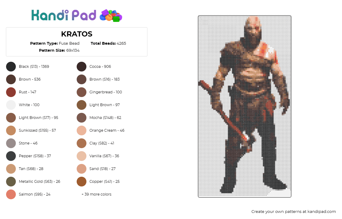 KRATOS - Fuse Bead Pattern by deleted_user_174261 on Kandi Pad - kratos,god of war,video game,character,warrior,strength,battle,tan,brown