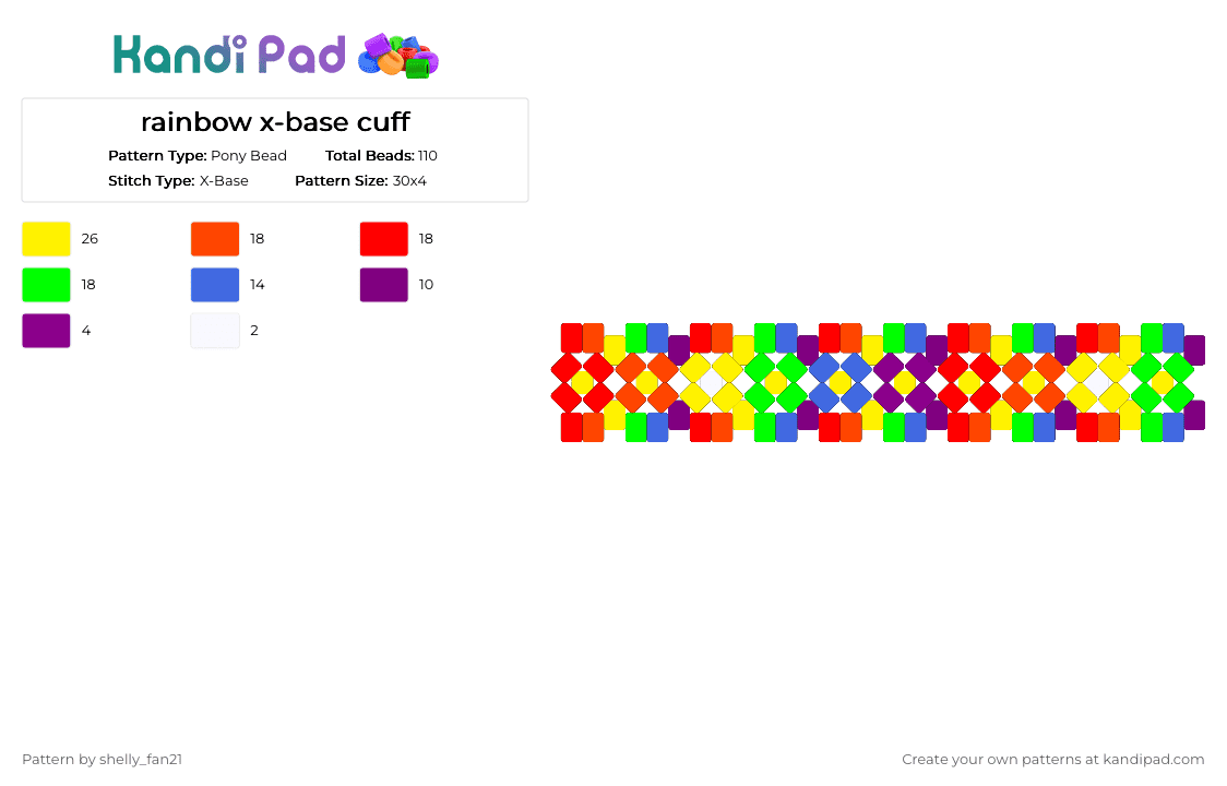 rainbow x-base cuff - Pony Bead Pattern by shelly_fan21 on Kandi Pad - red,yellow,kandi