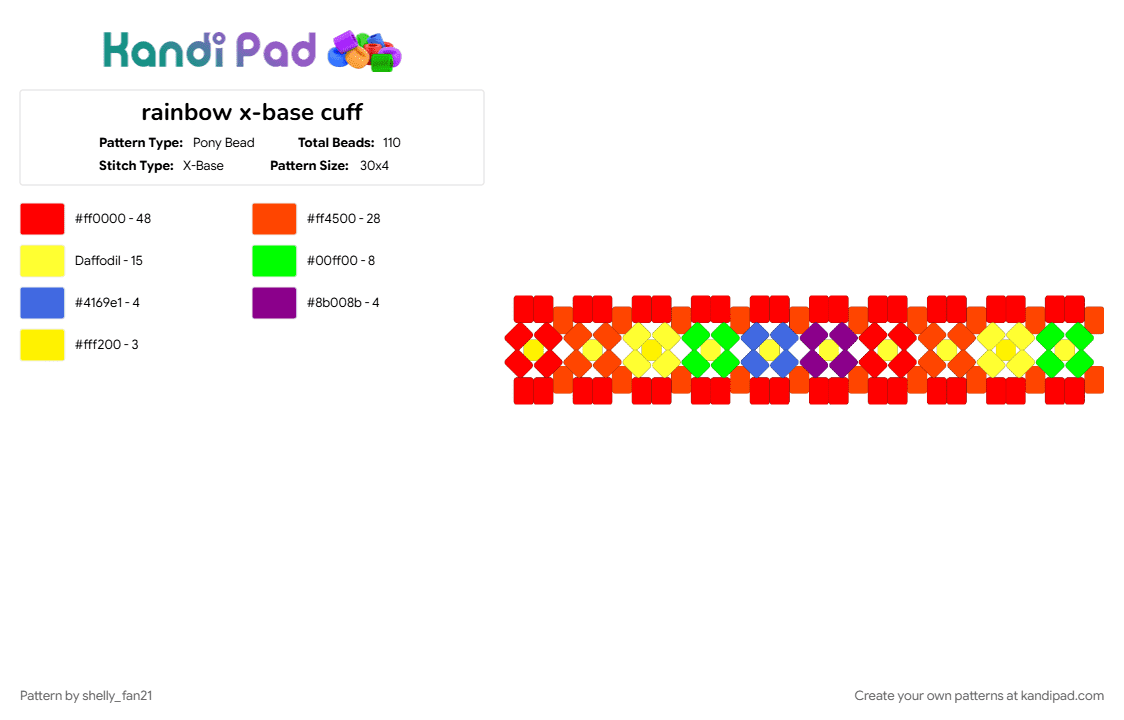 rainbow x-base cuff - Pony Bead Pattern by shelly_fan21 on Kandi Pad - kandi, red