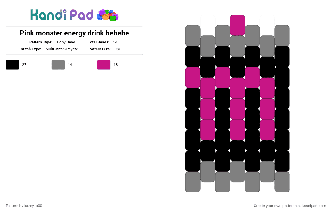Pink monster energy drink hehehe - Pony Bead Pattern by kazey_p00 on Kandi Pad - pink,gray,monster,energydrink,pink monster,yummy,xd,xp