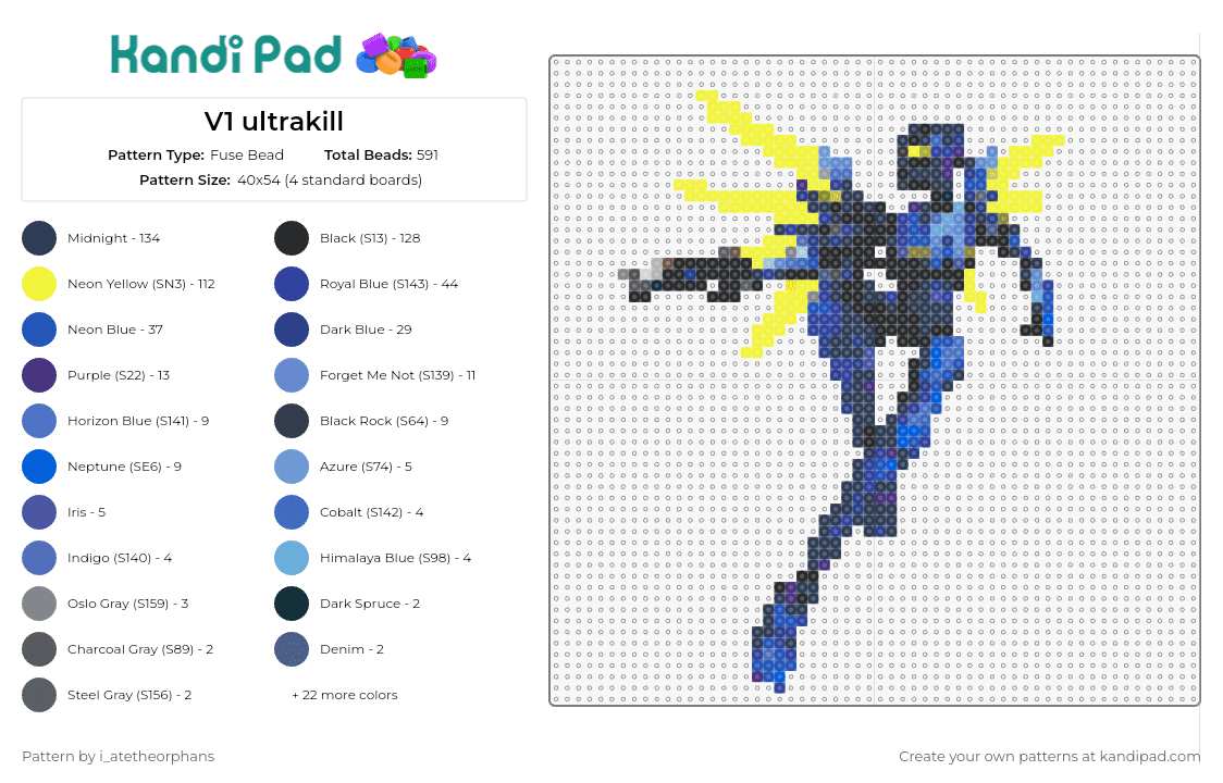 V1 ultrakill - Fuse Bead Pattern by i_atetheorphans on Kandi Pad - ultrakill,robot,video game,ninja,cyborg,action,agility,blue