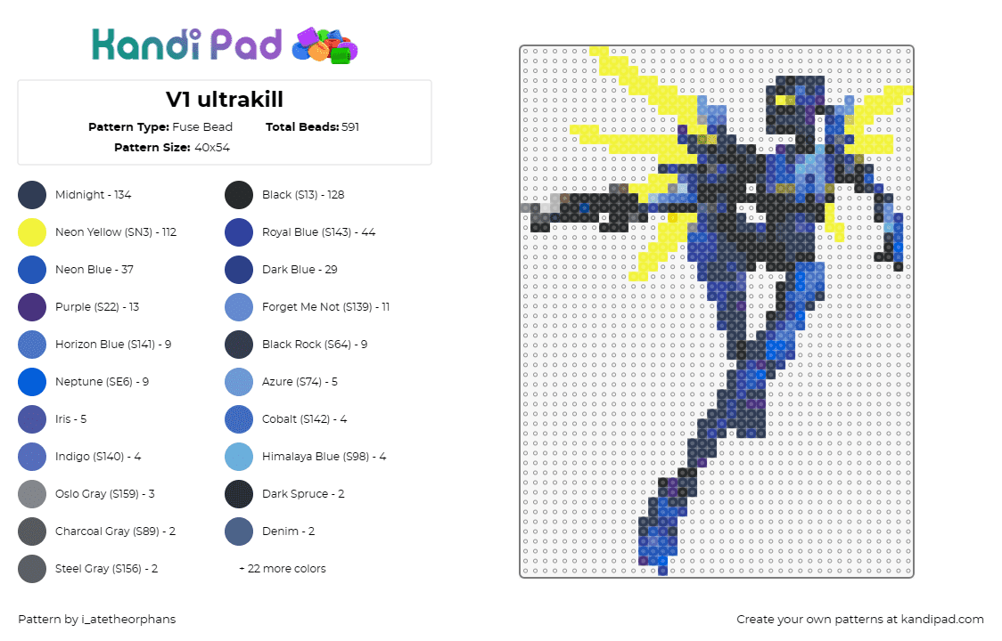 V1 ultrakill - Fuse Bead Pattern by i_atetheorphans on Kandi Pad - ultrakill,robot,video game,ninja,cyborg,action,agility,blue