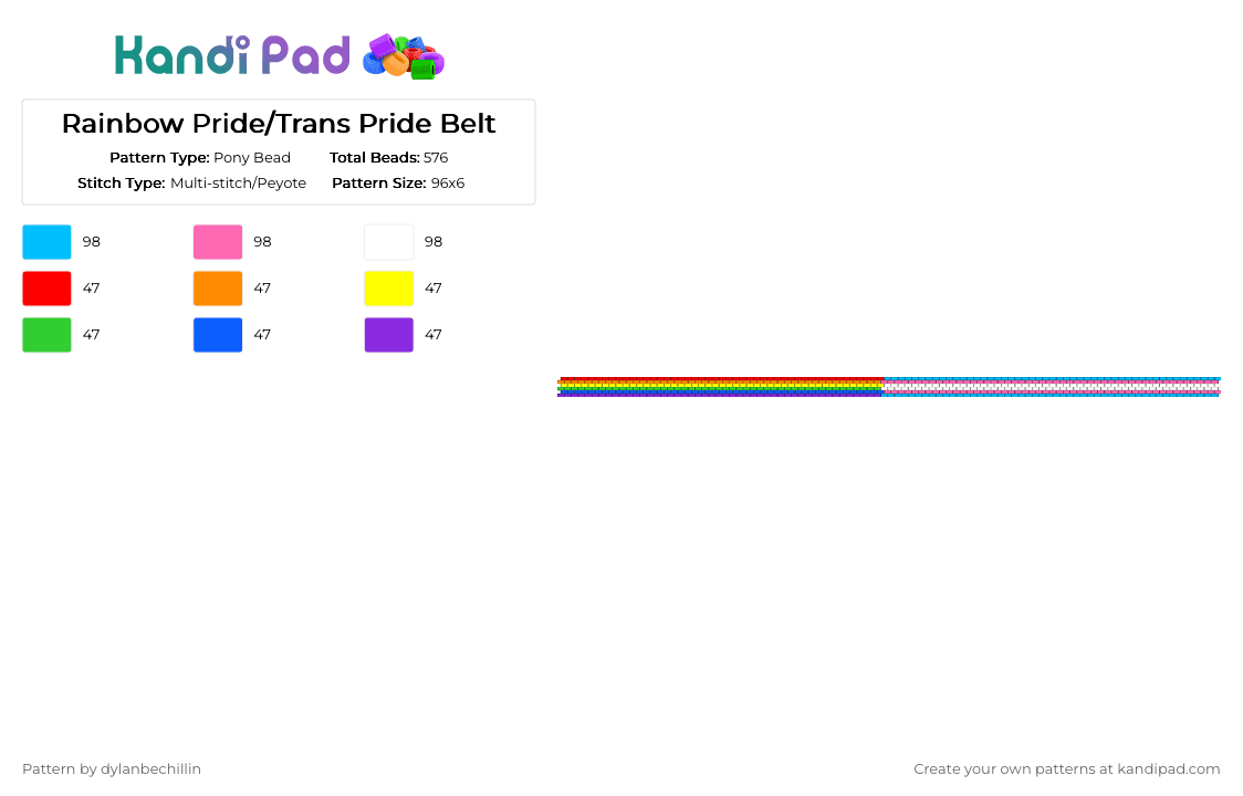 Rainbow Pride/Trans Pride Belt - Pony Bead Pattern by dylanbechillin on Kandi Pad - light blue,pink,belt,accessory,rainbow,trans,flag,pride