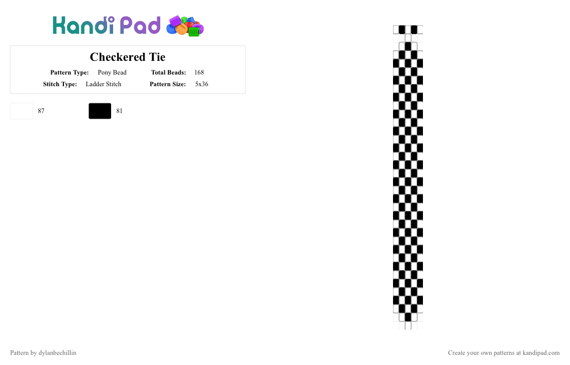 Checkered Tie - Pony Bead Pattern by dylanbechillin on Kandi Pad - black, checkerboard, checkered, punk, ska, tie, white