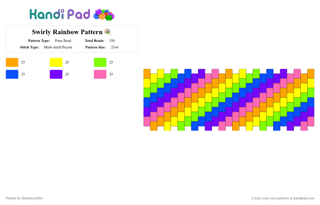 Swirly Rainbow Pattern 🍭 - Pony Bead Pattern by dylanbechillin on Kandi Pad - yellow,blue,pink,colorful,rainbow,pride,diagonal,peyote,kandi,flag