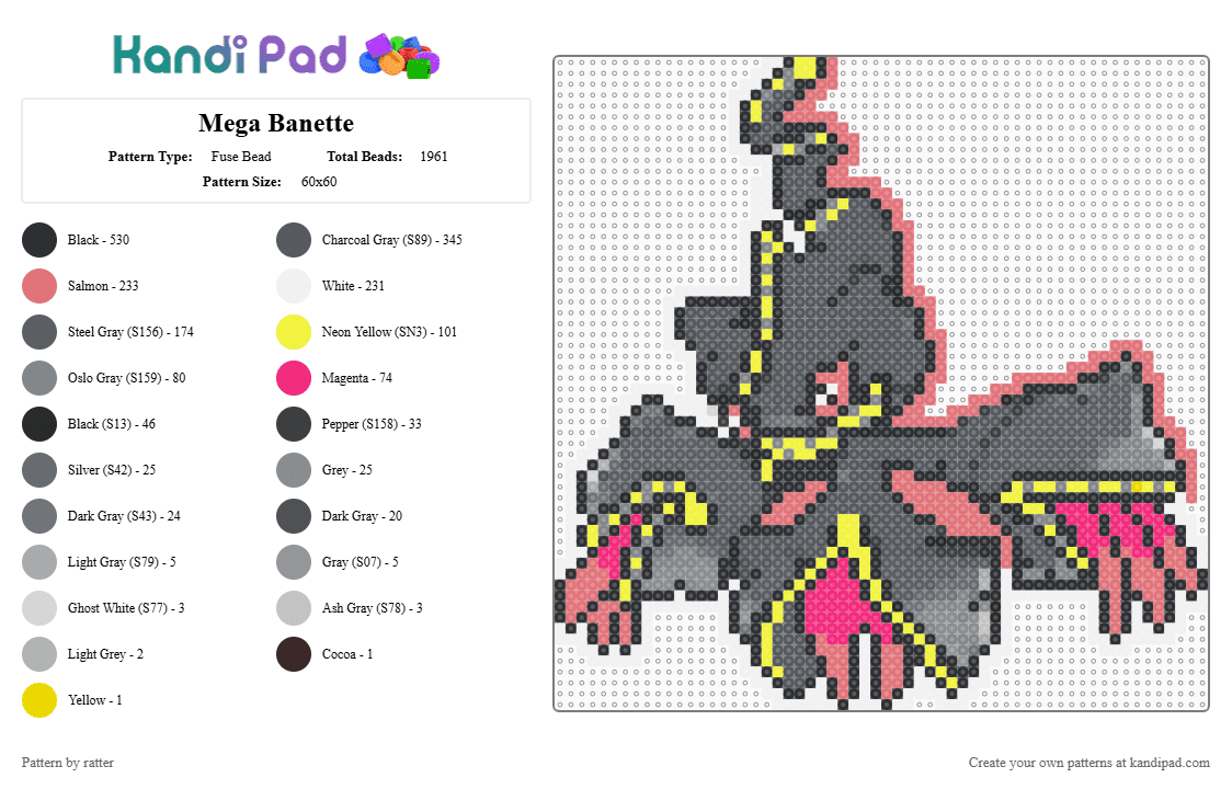 Mega Banette - Fuse Bead Pattern by ratter on Kandi Pad - gray,red,pokemon,banette,mega banette,mega evolution,game