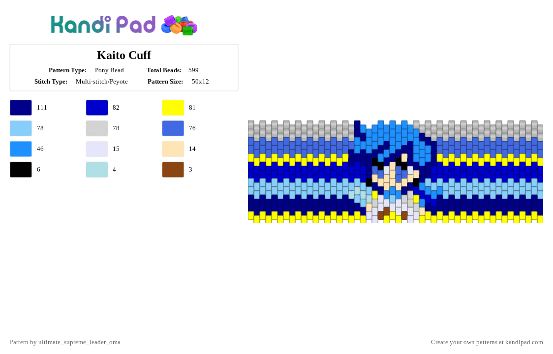 Kaito Cuff - Pony Bead Pattern by ultimate_supreme_leader_oma on Kandi Pad - blue, light blue, purple, yellow
