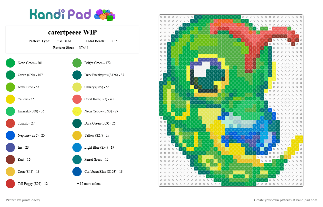 catertpeeee WIP - Fuse Bead Pattern by piratejonesy on Kandi Pad - caterpie,pokemon,gaming,video game,teal,green,yellow