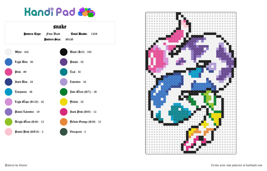 snake - Fuse Bead Pattern by idunno on Kandi Pad - white,blue,pink,purple