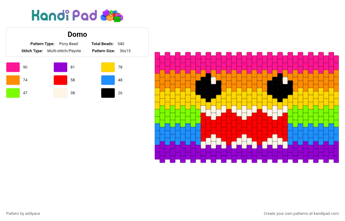 Domo - Pony Bead Pattern by addyace on Kandi Pad - pink,orange,yellow,purple