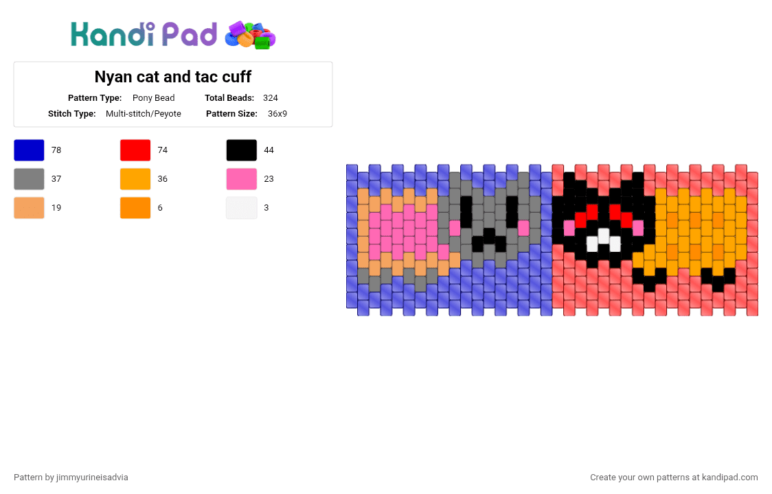 Nyan cat and tac cuff - Pony Bead Pattern by femtanyl_thegoat on Kandi Pad - orange, purple, red