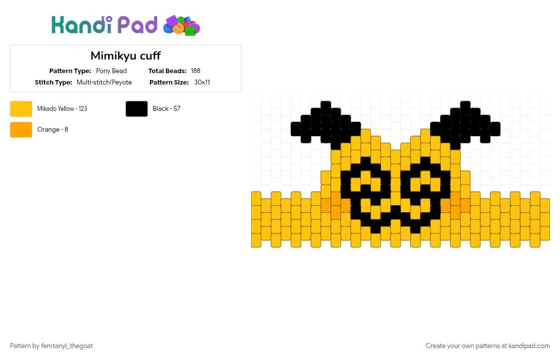 Mimikyu cuff - Pony Bead Pattern by femtanyl_thegoat on Kandi Pad - mimikyu, pokemon, yellow
