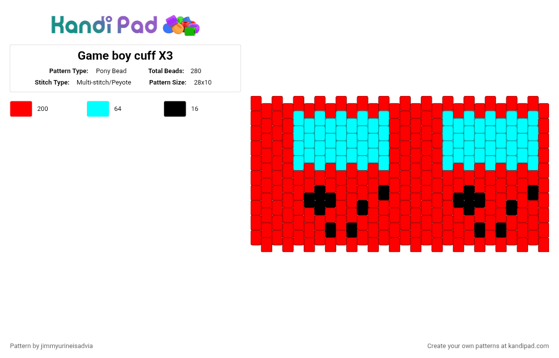 Game boy cuff X3 - Pony Bead Pattern by jimmyurineisadvia on Kandi Pad - red