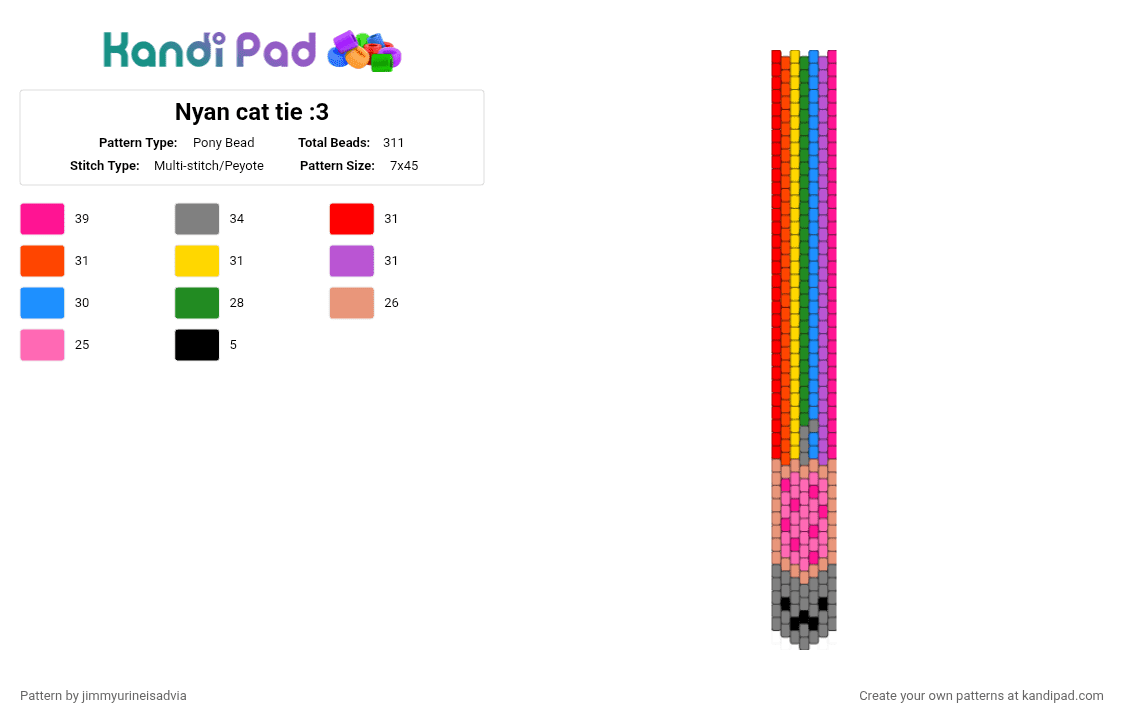 Nyan cat tie :3 - Pony Bead Pattern by jimmyurineisadvia on Kandi Pad - red,pink