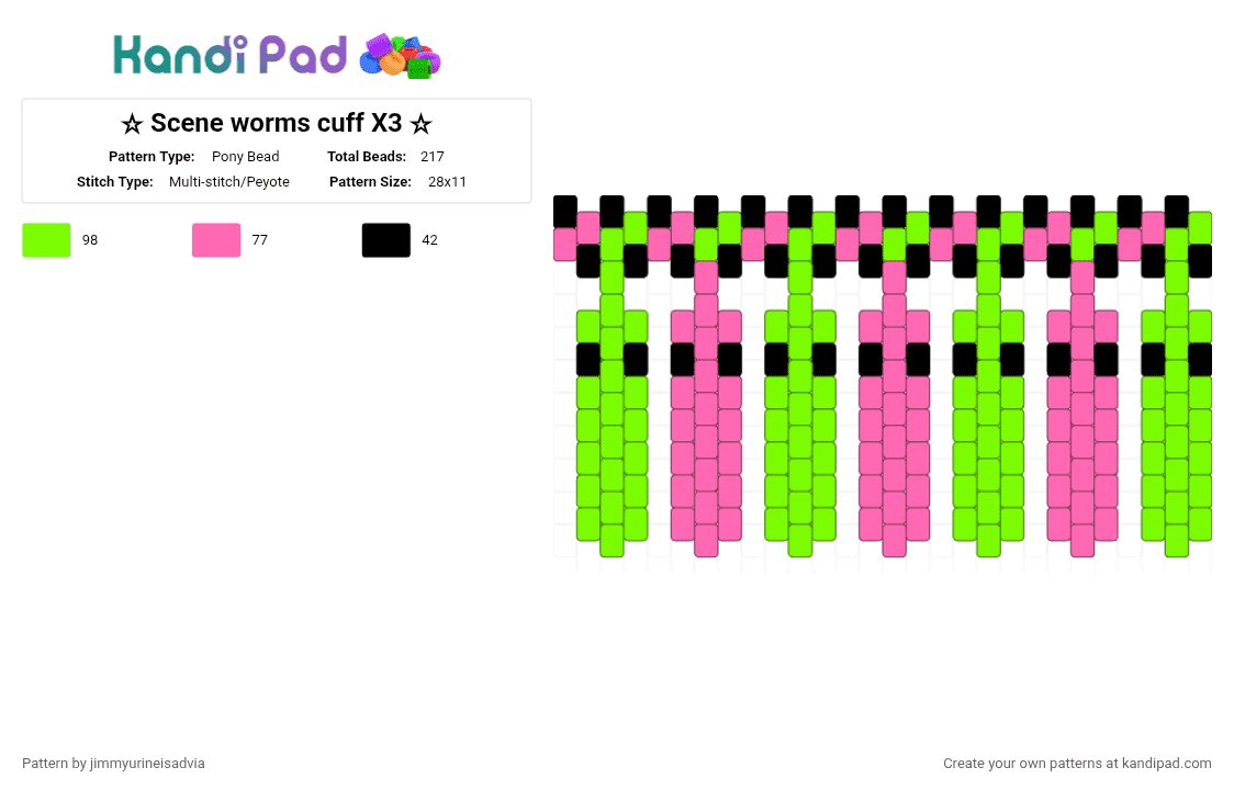 ☆ Scene worms cuff X3 ☆ - Pony Bead Pattern by jimmyurineisadvia on Kandi Pad - pink,green