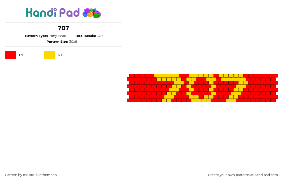 707 - Pony Bead Pattern by callisto_likethemoon on Kandi Pad - 707,seven,numbers,mystic messenger,cuff,bold,red,yellow