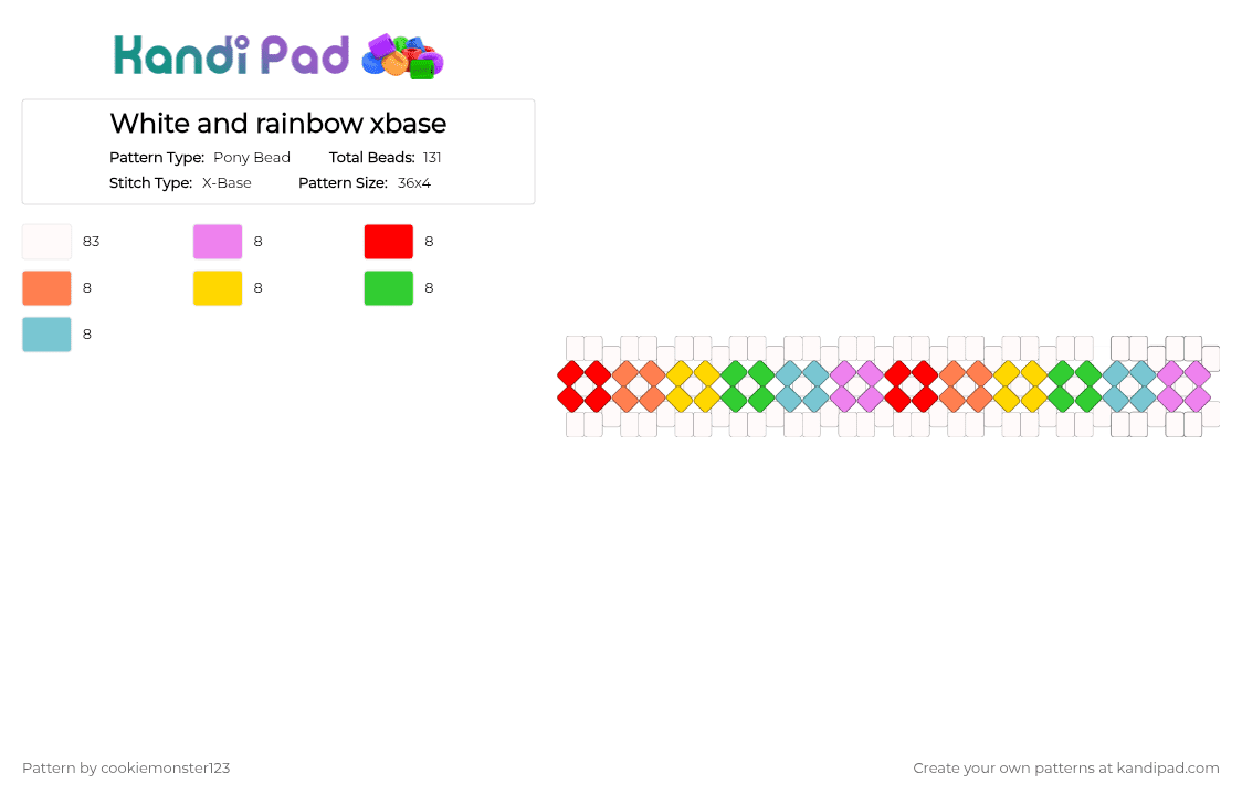 White and rainbow xbase - Pony Bead Pattern by cookiemonster123 on Kandi Pad - white,red,yellow,light blue,colorful