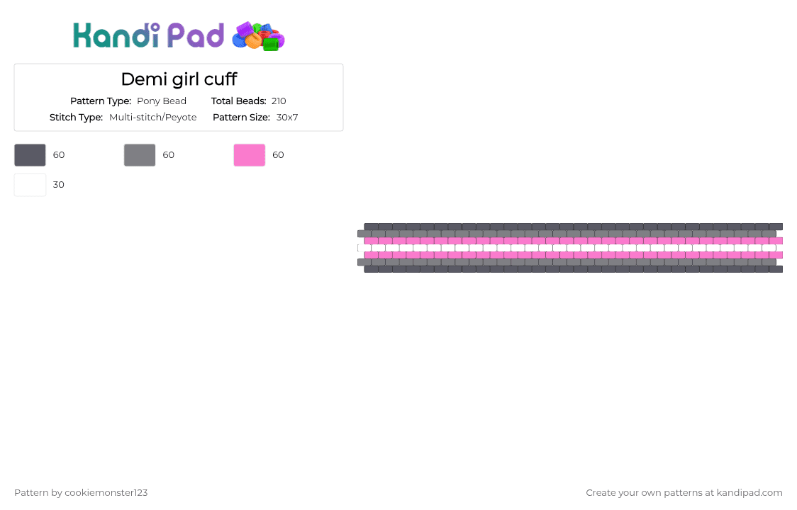 Demi girl cuff - Pony Bead Pattern by cookiemonster123 on Kandi Pad - gray,pink