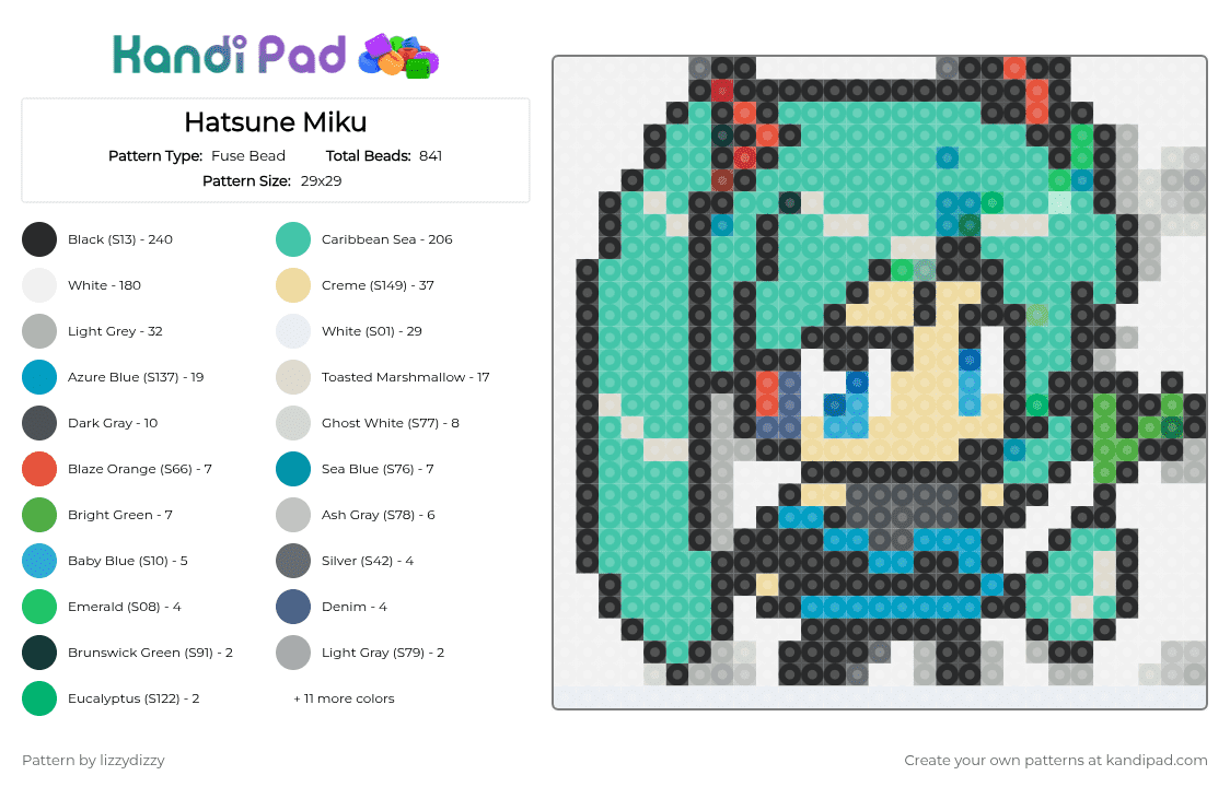 Hatsune Miku - Fuse Bead Pattern by lizzydizzy on Kandi Pad - teal,beige