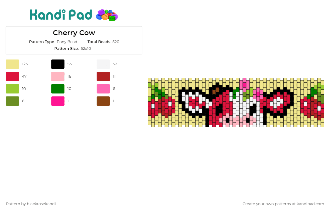 Cherry Cow - Pony Bead Pattern by blackrosekandi on Kandi Pad - cow,cherries,cute,cuff,fruit,animal,red,yellow