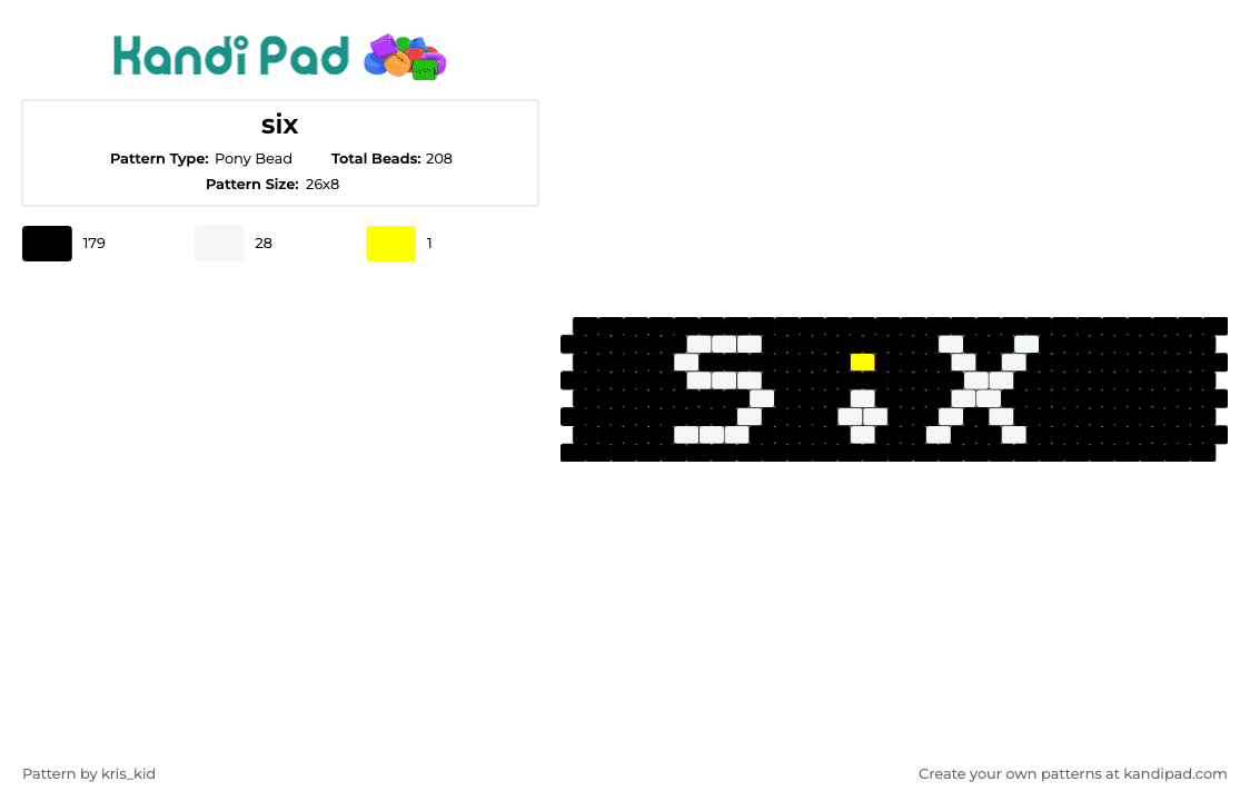 six - Pony Bead Pattern by kris_kid on Kandi Pad - six,text,number,cuff,black,white