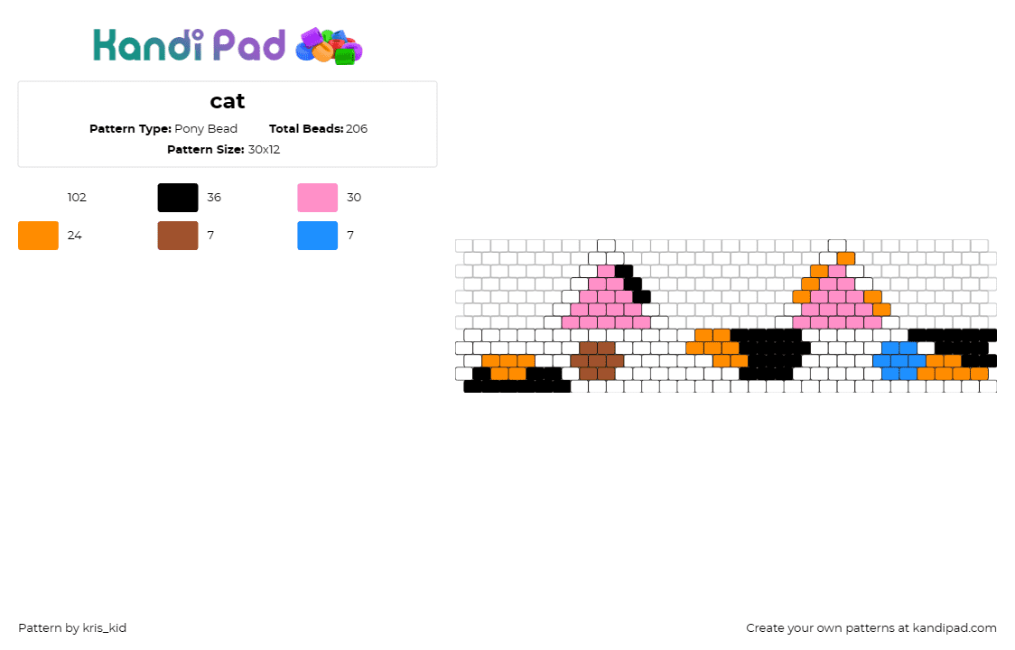 cat - Pony Bead Pattern by kris_kid on Kandi Pad - cat,ears,animal,cuff,whiskers,feline,white,orange