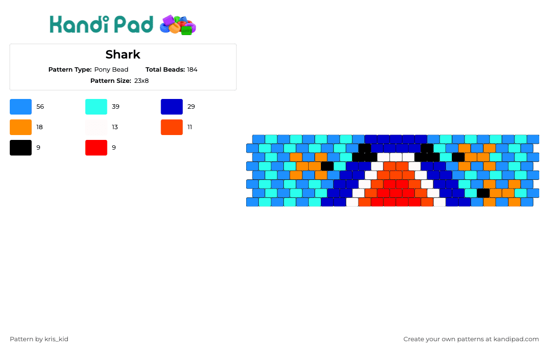 Shark - Pony Bead Pattern by kris_kid on Kandi Pad - shark,jaws,fish,animal,water,cuff,predator,ocean,marine,blue,orange