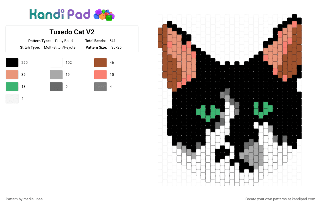 Tuxedo Cat V2 - Pony Bead Pattern by medialunas on Kandi Pad - black,white,red,orange