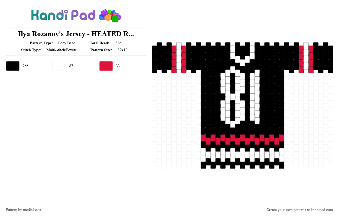 Ilya Rozanov\'s Jersey - HEATED RIVALRY - Pony Bead Pattern by medialunas on Kandi Pad - black,red,white,ilya rozanov,ilya,rozanov,hollanov,heated rivalry,hockey,jersey
