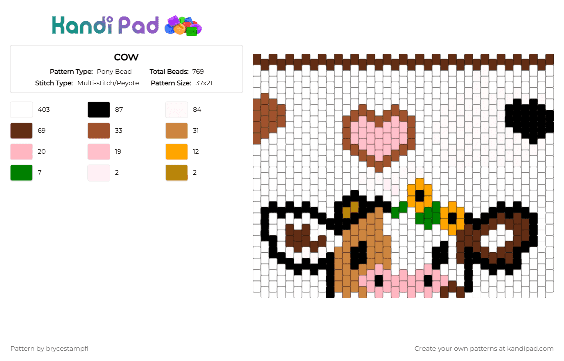 cow - Pony Bead Pattern by brycestampfl on Kandi Pad - white,pink,brown,colorful