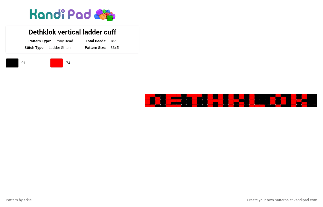Dethklok vertical ladder cuff - Pony Bead Pattern by arkie on Kandi Pad - red,black