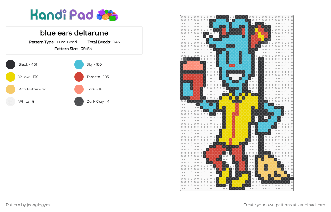 blue ears deltarune - Fuse Bead Pattern by jeonglegym on Kandi Pad - black, blue ears, deltarune, light blue, red, yellow