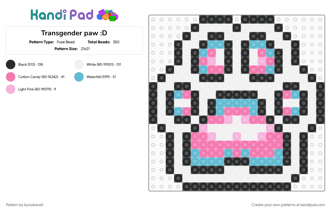 Transgender paw v2 :D - Fuse Bead Pattern by kyraskandii on Kandi Pad - light blue, paw, paw print, pink, pride, trans, transgender, transgender flag, transgender pride, white