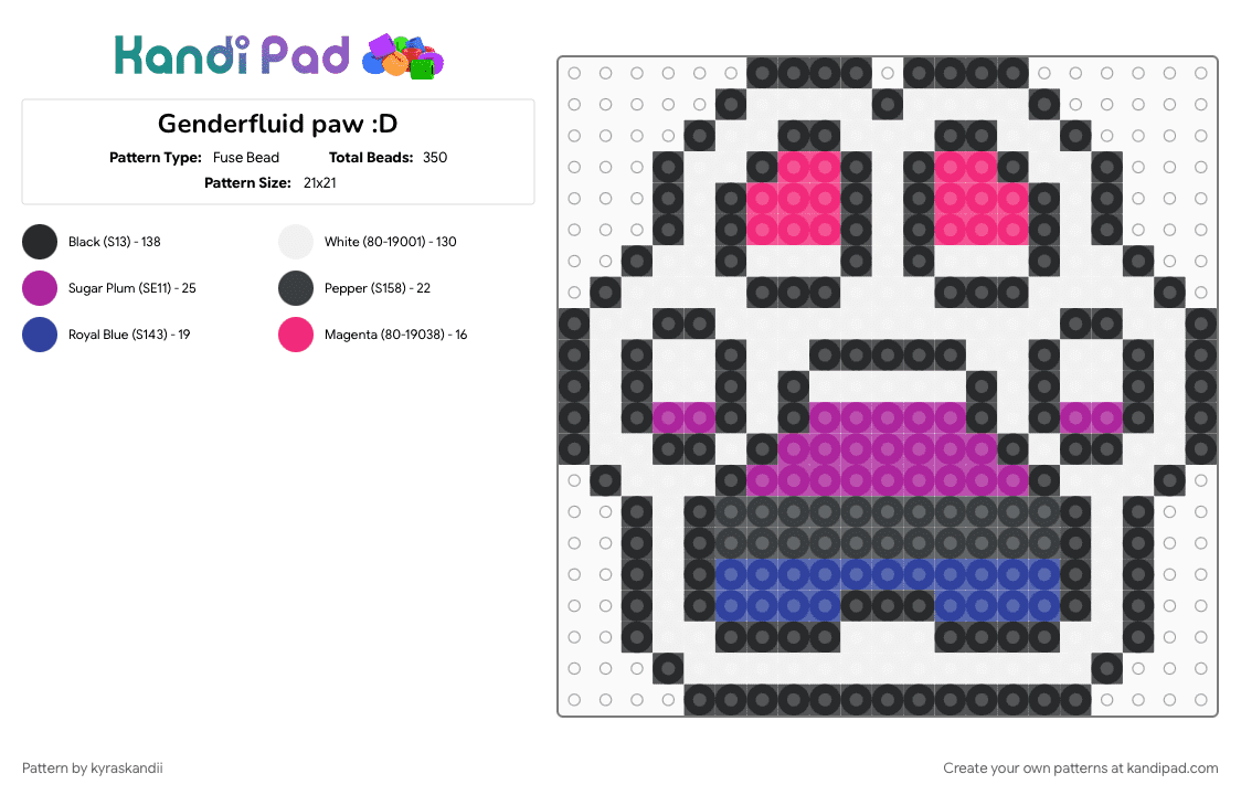 Genderfluid paw :D - Fuse Bead Pattern by kyraskandii on Kandi Pad - genderfluid, paw, paw print, pride