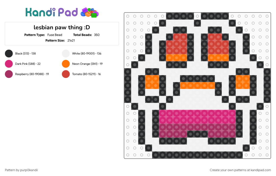 lesbian paw thing :D - Fuse Bead Pattern by kyraskandii on Kandi Pad - lesbian, paw, paw print, pink, pride, white