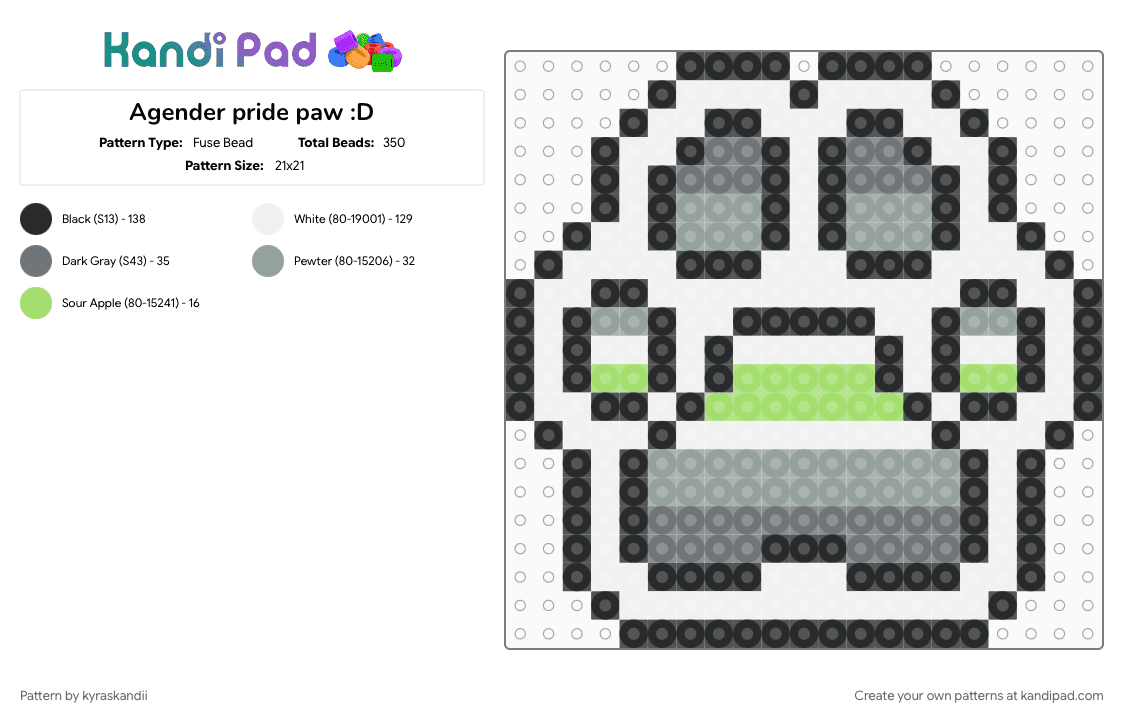 Agender paw :D - Fuse Bead Pattern by kyraskandii on Kandi Pad - agender, agender pride, gray, lgbt, lgbtq, lgbtqia, paw, paw print, pride, white