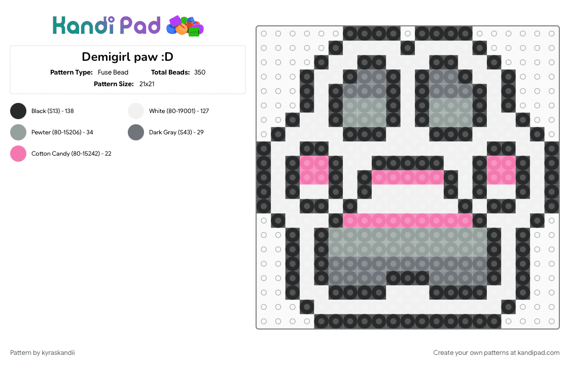Demigirl paw :D - Fuse Bead Pattern by kyraskandii on Kandi Pad - demigirl, gray, paw, paw print, pride, white