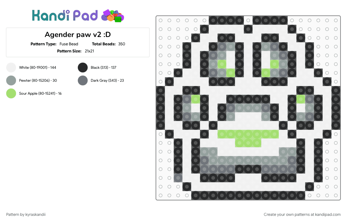 Agender paw v2 :D - Fuse Bead Pattern by kyraskandii on Kandi Pad - agender, agender pride, gray, paw, paw print, pride, white